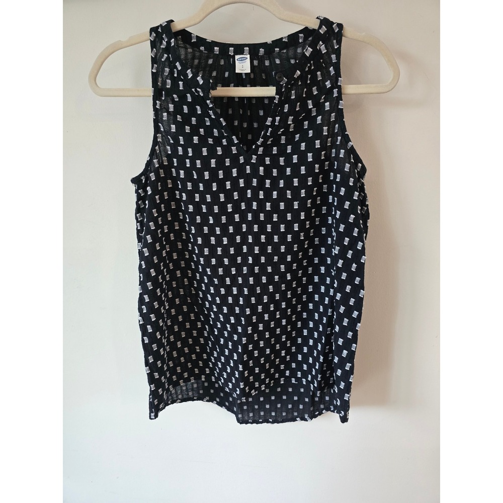 Old Navy Womens Black White Square Pattern Cotton Sleeveless Split Neck Top S
